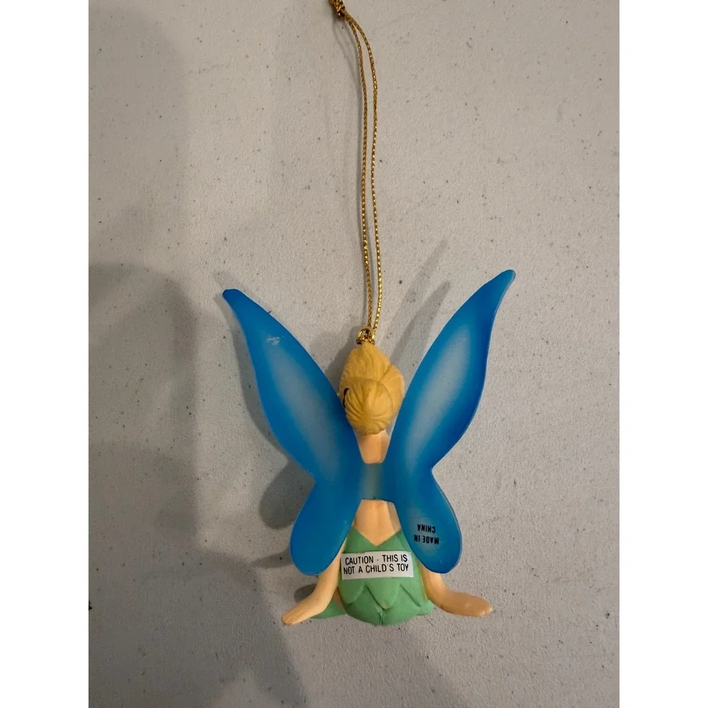 Disney Tinker Bell Fairy Christmas Ornament Blue Wings Green Dress Sitting Pose